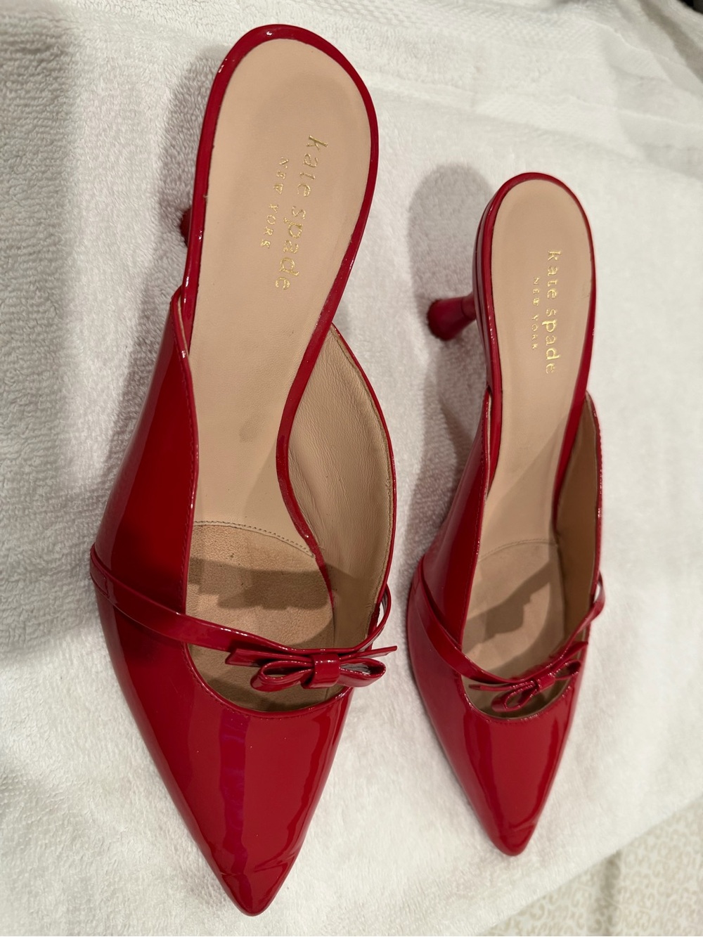 kate spade Red Patent Pointed-Toe Bow Mules